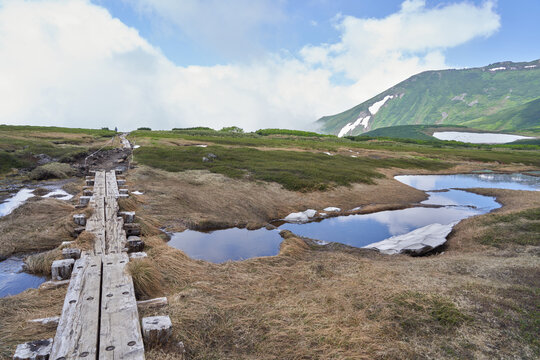 A wooden path near Susoai-daira Plateau crosses the headwaters of the Piukenai River.