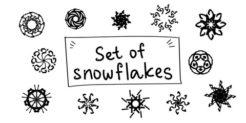 A set of hand-drawn stars, flowers or snowflakes. Vector images. It looks like the sun, or Arabic script, or Slavic symbols. Vector illustration. 