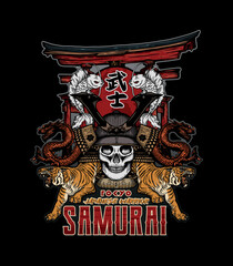 Fototapeta na wymiar Tokyo Japanese warrior Samurai - T-Shirt design - vector illustration - Black