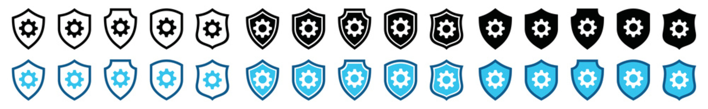 Gear Machine Shield Icon Vector Collection. Engine Protection Or Setting Icon. Shield And Gear Symbol Illustration. Shield Protector, Secure, Protect, Scutum, Safeguard Sign