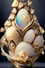 golden and white crystal egg "3D illustration" or "3D rendering" (selective focus) (colorful)