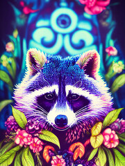 Boho animal illustration, Colourful racoon, Adorable  racoon animal, Nursery decoration, Bohemian style, Flora and Fauna art