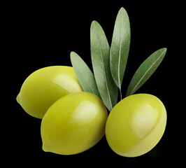 Delicious green olives with leaves, isolated on black background