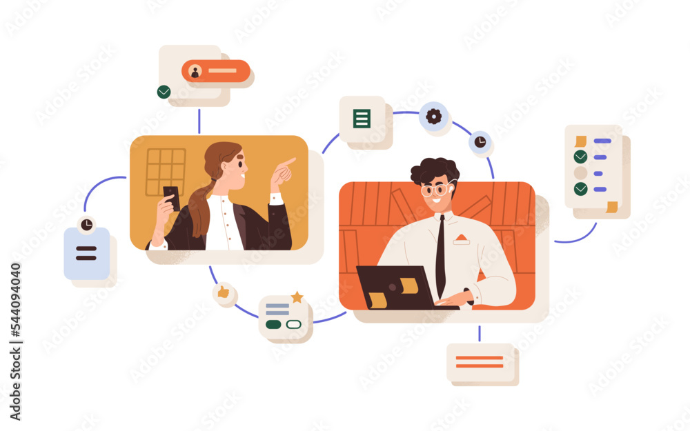 Poster Online business communication, remote work process concept. Boss, manager giving tasks and feedback about project to employee. Distant workflow. Flat vector illustration isolated on white background