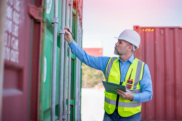 Engineer working in the construction container dock yard checking and inspection containers data on file document is container shipping Logistics business concept.
