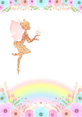 Magic floral background. Beautiful frame of flowers, rainbow and gold sparkling fairy silhouette. Vector illustration 10 EPS.