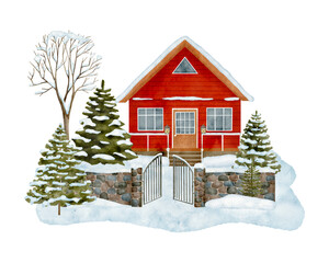 Watercolor Christmas house. Winter countryside landscape illustration. Hand drawn red wood cabin in the woods with stone wall fence and snowy fir trees isolated on white background
