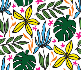 Abstract Hand Drawing Colorful Tropical Exotic Flowers and Leaves Seamless Vector Pattern Isolated Background