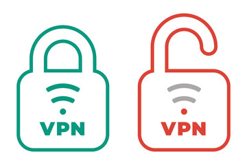 VPN icon with good and bad connections. Lock icon with VPN text, line icon, editable stroke
