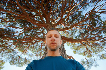 Yoga meditation in nature under the big tree. A man with closed eyes under the tree crown. Healthy breathe practice