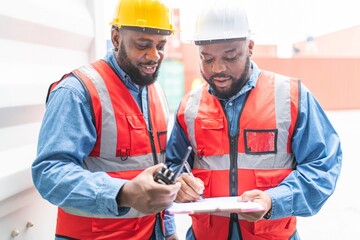 Two black african male professional engineers doing routine checkup on a container logistic shipping yard ensuring all containers are following procedure and safety regulation