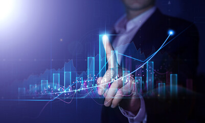 Successful business, growth strategy and achieving goals with the rising arrow. Businessman drawings growth graph of business. Business development, financial plan and strategy.