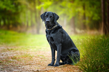 Black Labrador sitting in the forest and looking at the camera with whitespace