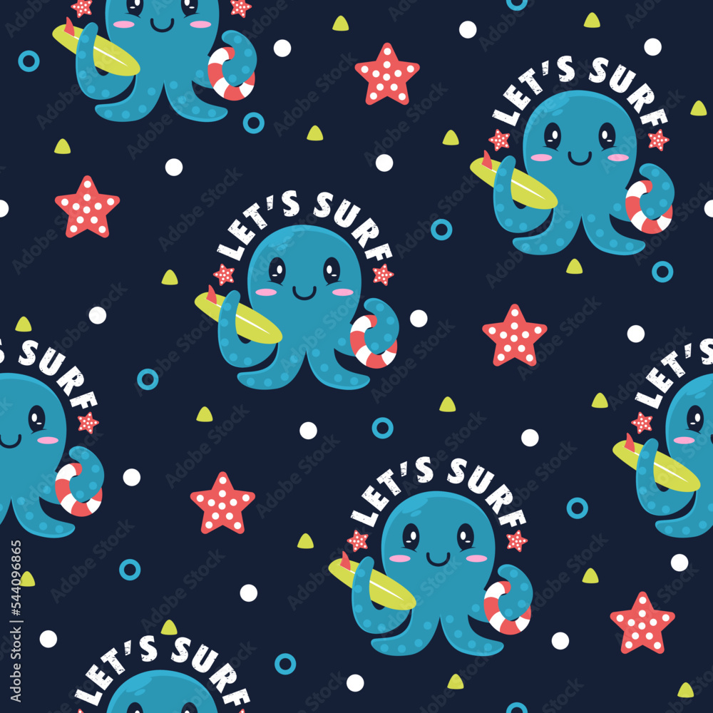 Wall mural Cute octopus surf cartoon vector pattern background.