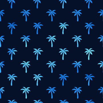Palm seamless pattern. Repeated palm trees patern. Coconut tree on blue background. Repeating tropical texture for design prints. Repeat coconuts palmtree. Palmetto backdrop. Vector illustration