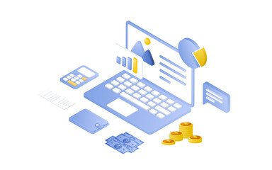 Obraz premium Financial management concept and investment, Flat design of payment and finance with money, cash, banknote, calculator and credit card.