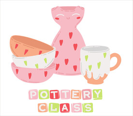 Pottery set. Bowls, a cup and a cute vase with a cat face. Ceramic dishes handmade. Pottery training. Vector illustration of hobby and creativity.