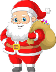 The old Santa claus is holding big sack with many surprise and chocolate gift