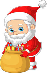 The cute Santa claus is preparing the christmas gift with the big sack for the children
