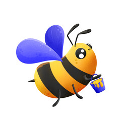 cute cartoon little bee carrying a bucket of honey on white background.