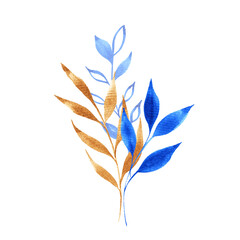 Watercolor blue and gold floral bouquet. Luxury Botanical composition for wedding or greeting cards. Isolated.