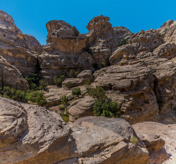 Vegetation and rocky crags above the gorge at Little Petra, Jordan in summertime
