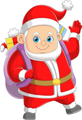 The happy big santa claus is bringing the gift bag for sharing to the house