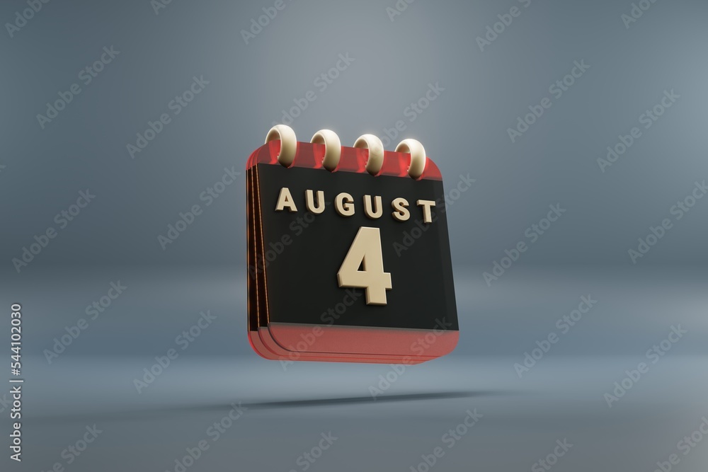 Poster Standing black and red month lined desk calendar with date August 4. Modern design with golden elements, 3d rendering illustration. Blue gray background..