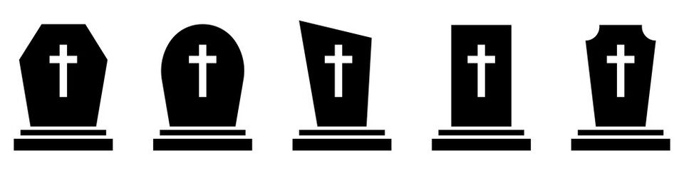 Cemetery gravestones. Set of black icons of different tombstone. Vector illustration.