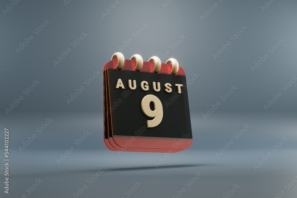 Aufkleber Standing black and red month lined desk calendar with date August 9. Modern design with golden elements, 3d rendering illustration. Blue gray background..