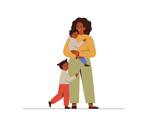 Single Mother and her children happy together. African American Woman holds with her son and daughter stand and hugging. motherhood concept. Friendship, love and care in family. Vector illustration - 544102808