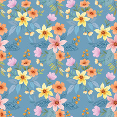 Colorful blooming flowers on blue color background seamless pattern for fabric  textile  wallpaper.