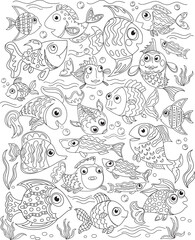 fish pattern outline doodle anti-stress, various poses and situations, drawing, vector, images, cartoon