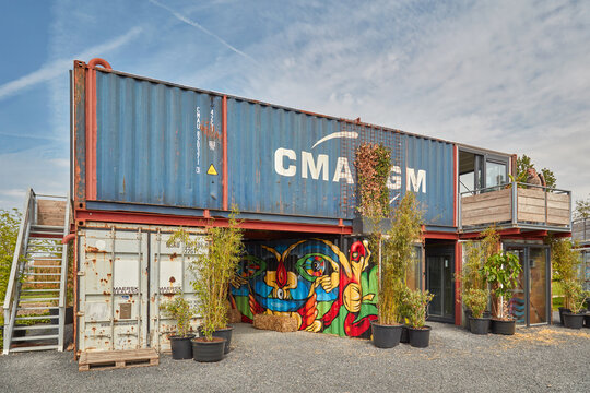 Tiny offices made of used steel cargo containers in Almere, The Netherlands on May 17, 2022