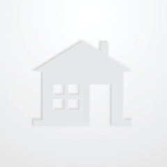 Paper cut house icon isolated on grey background. Eco house with leaf. Paper art style. Vector.