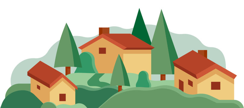 Landscape with houses. Green Hills with Local Houses as Cozy Cityscape or Urban Landscape Vector Illustration