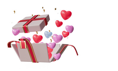 Happy valentine's day with 3d hearts, gift box and decorations isolated 3d icon cutout