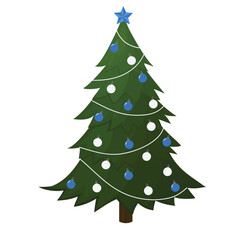 Spruce with decoration. Christmas tree isolated on white background. Vector illustration.