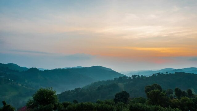 Timelapse of The rising sky is misty and the mountains are beautiful. At Doi Mae Salong, Chiang Rai, Thailand