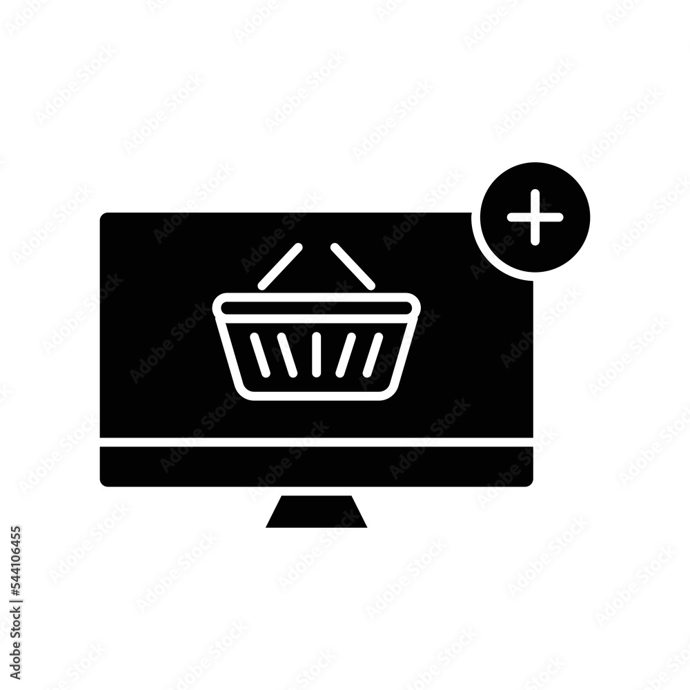 Poster add shopping glyph icon. contains monitor with shopping cart and add icon. icon illustration related