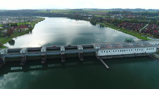 aerial of hydro power plant at Enns river between Upper Austria and Lower Austria