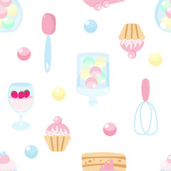 Muffins, pieces of raspberry cream cake seamless pattern on white background. Cartoon childrens style illustration for textiles, clothing, packaging, kitchen themes.