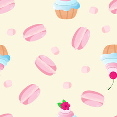 Seamless pattern of macarons and muffins or muffins with cream, marshmallows in cartoon style. Design for textiles, packaging, kitchen.