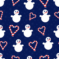 Snowman. Seamless vector pattern with stylized snowmen and heart-shaped candy canes. Winter pattern - 544107444