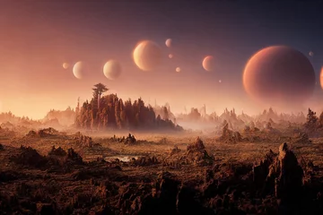 Fototapeten fremde planetenlandschaft, schöner wald die oberfläche eines exoplaneten © LukaszDesign