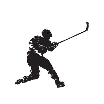 Hockey player shooting puck, isolated vector silhouette, ink drawing. Side view. Ice hockey winter team sport