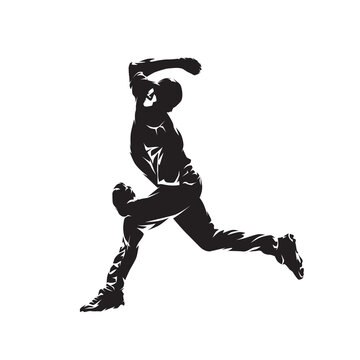 Baseball player throwing ball, isolated vector silhouette, ink drawing. Side view. Team sport athlete