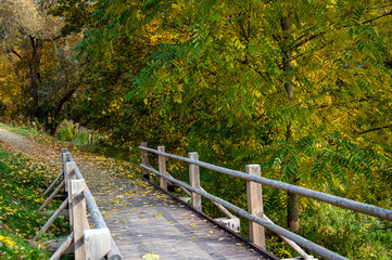 Wooden bridge for pedestrians next to a road in the countryside in autumn, Autumn landscape