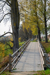 Fototapeta na wymiar Wooden bridge for pedestrians next to a road in the countryside in autumn, Autumn landscape
