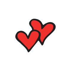 Two bright red hearts in doodle style close-up on white background. Hand drawn vector design element, clip art, symbol of love for Valentine's day, romantic design